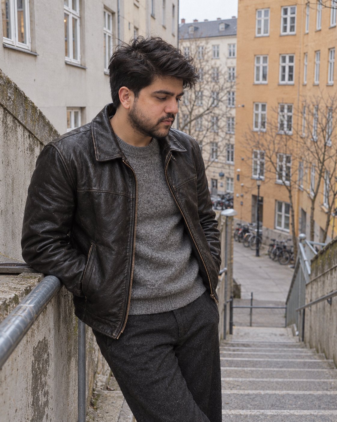 Man in a black leather jacket leaning on a stair rail above a city street