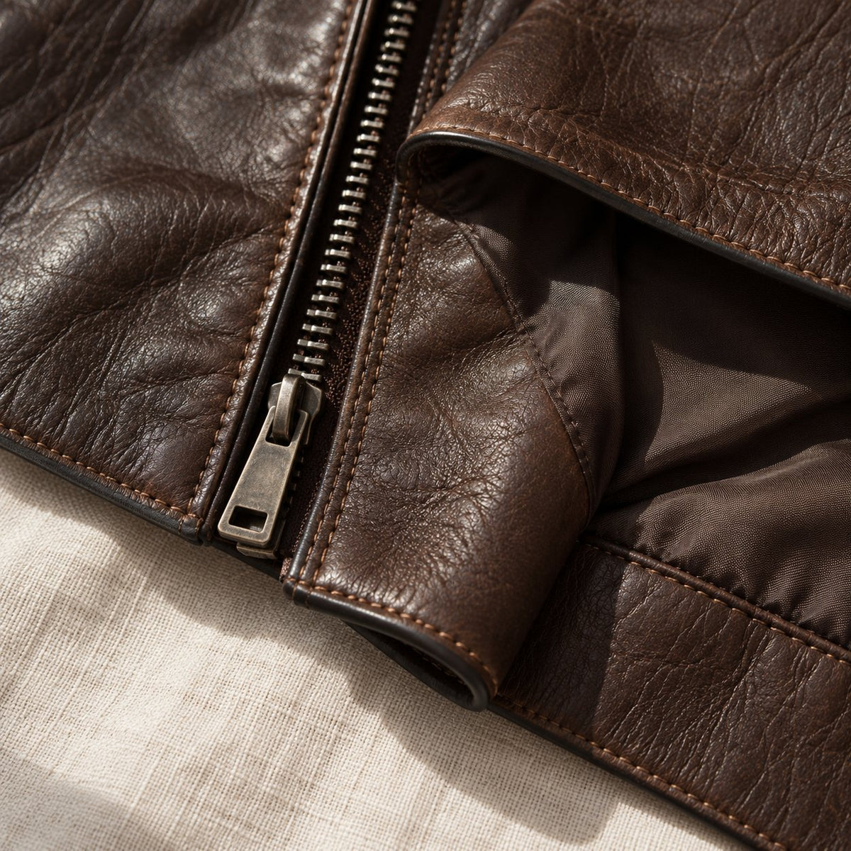 Close-up of dark brown leather with a metal zip, topstitching and lining on linen