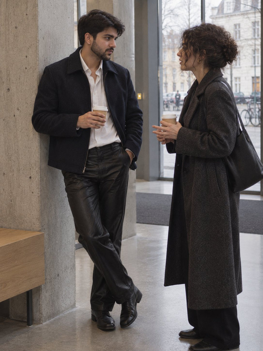 Two people with coffee talking in a concrete office lobby, one in black leather trousers