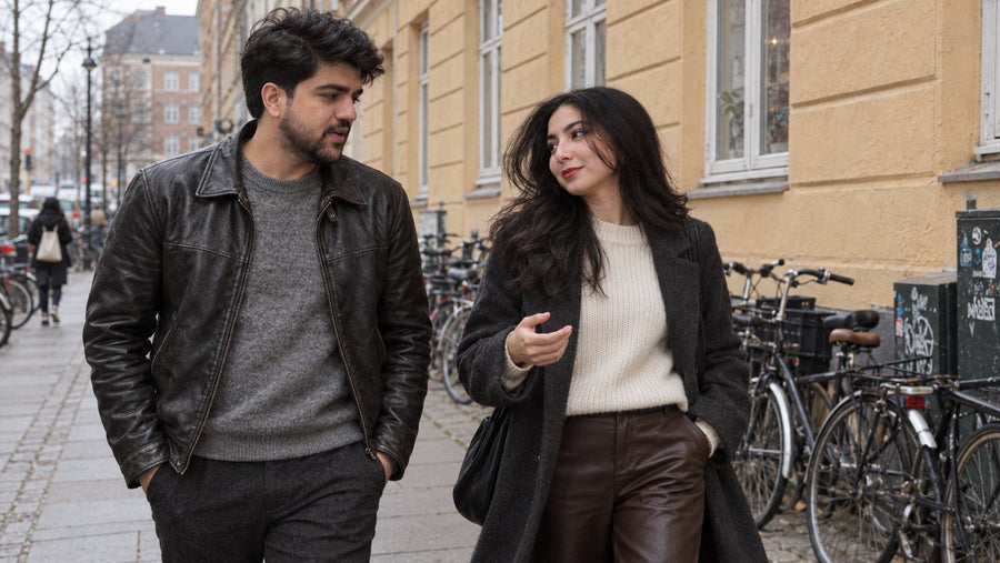 Man in a black leather jacket and woman in dark brown leather trousers walking past parked bicycles on a city street