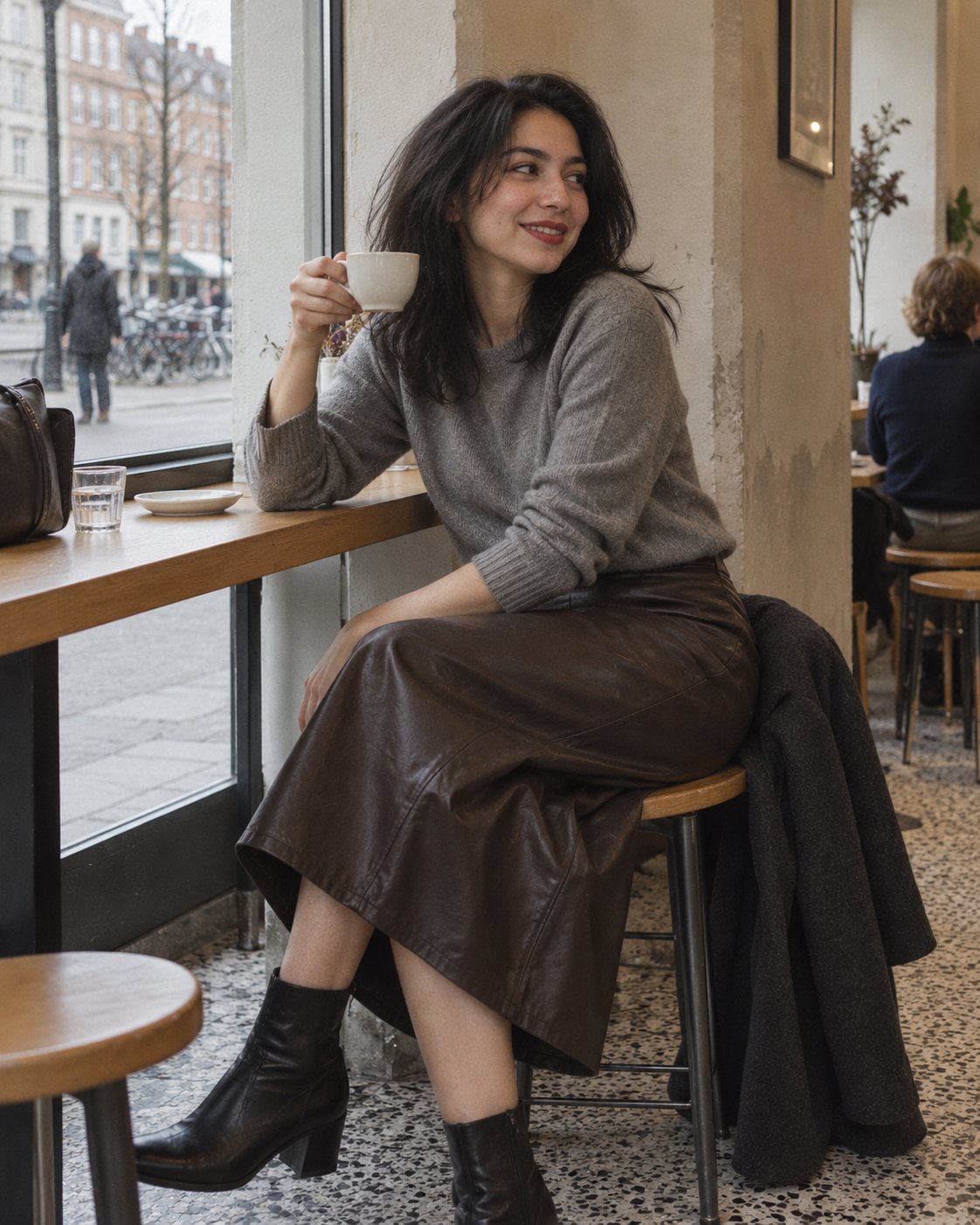 Woman in a dark brown leather midi skirt holding a cup at a café window counter