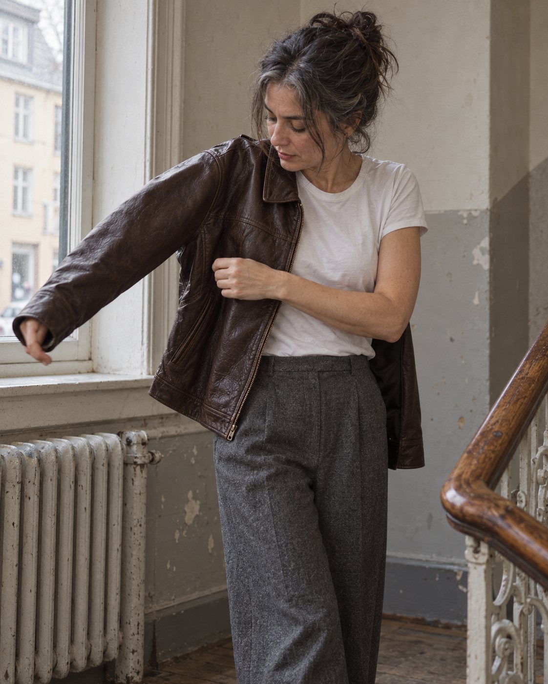 Woman pulling on a dark brown leather jacket on a stairwell landing