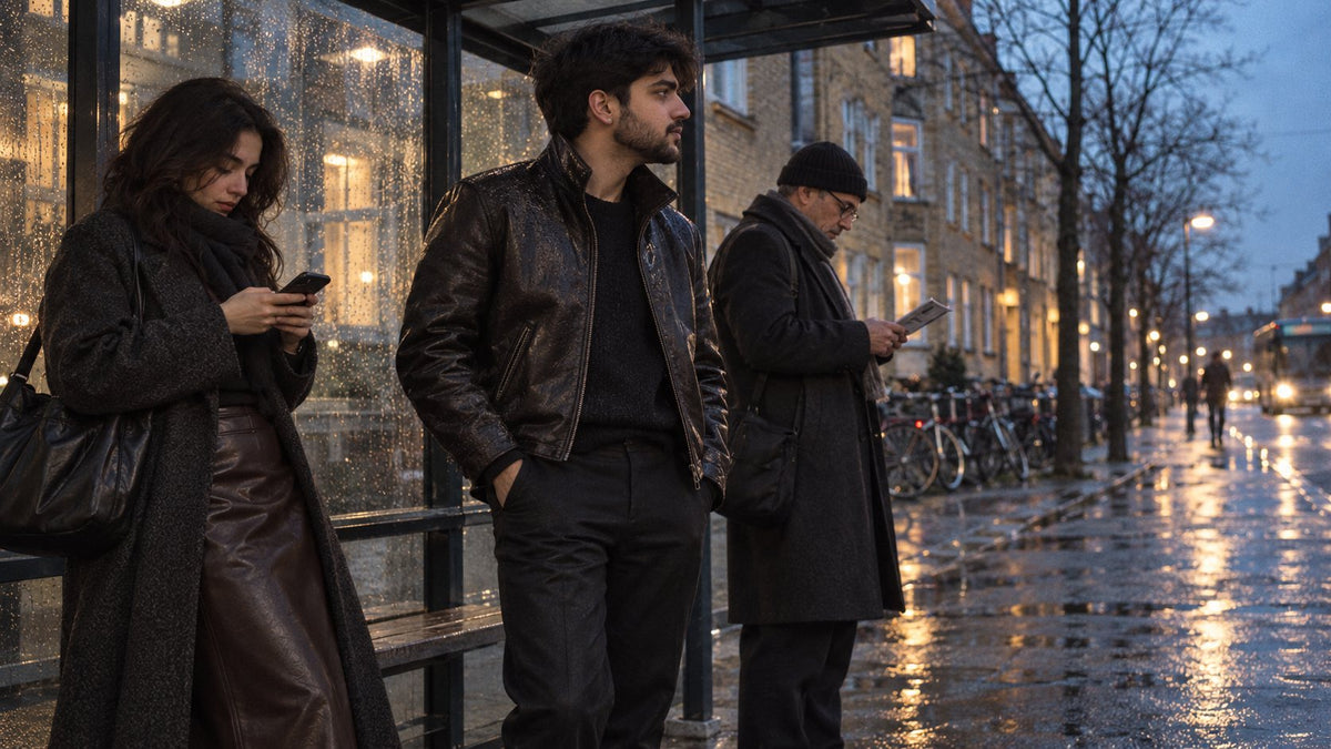 Three people waiting at a bus shelter on a wet evening street, one in a dark leather jacket