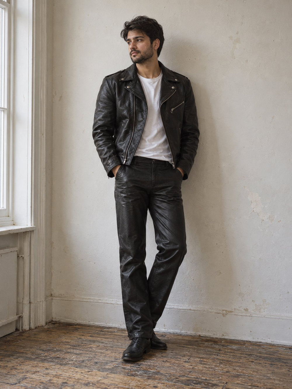 Full-length photo of a man in a black leather biker jacket and black leather trousers against a plaster wall