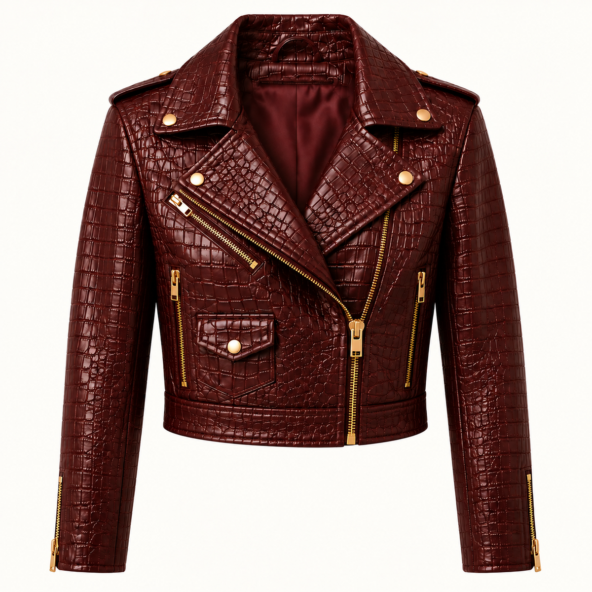 Bordeauxrote Damen-Bikerjacke aus Kalbsleder mit Krokoprägung und goldenen Reißverschlüssen, Vorderansicht