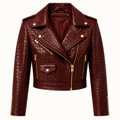 Burgundy Crocodile-Embossed Calf Leather Biker Jacket for Women