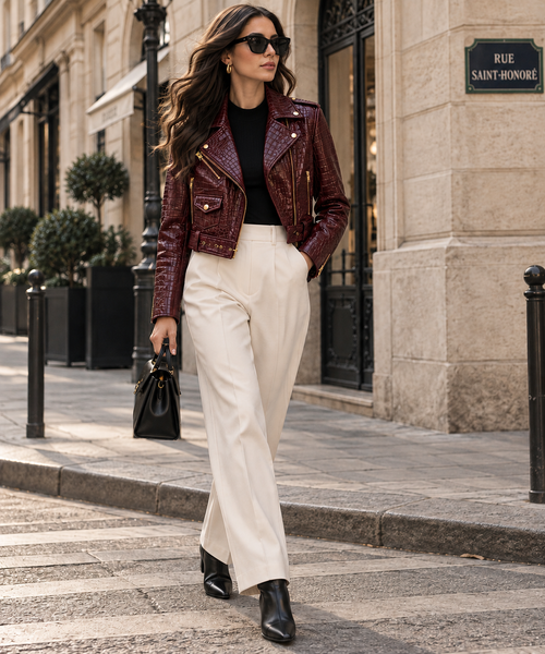 Woman wearing the burgundy croc biker jacket with cream trousers on a Paris street