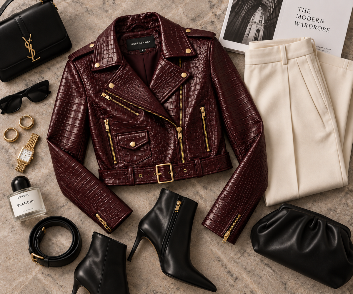 Burgundy croc calf leather biker jacket in a flat lay with cream trousers and black boots