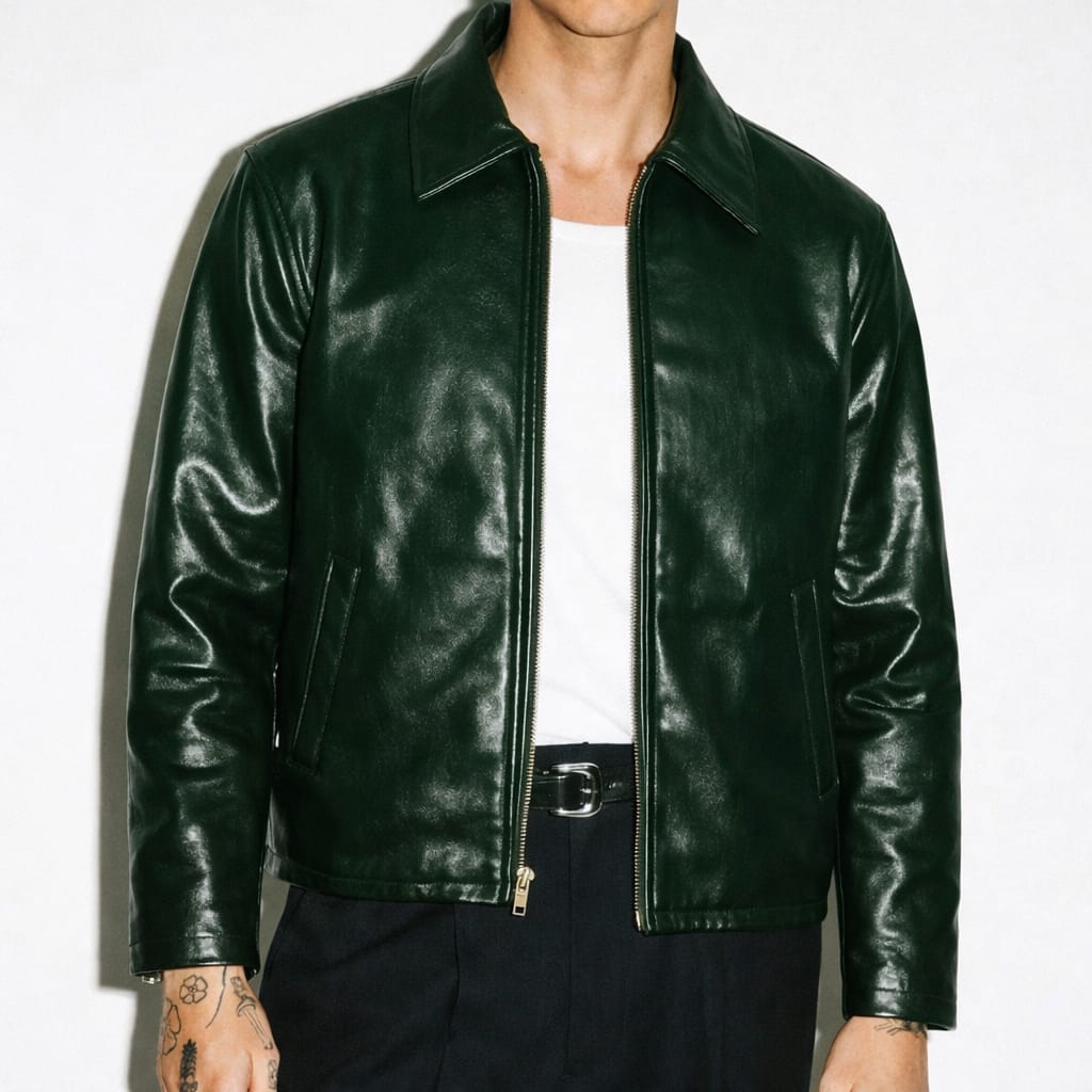 Wild Leathers men's dark green full grain leather Harrington jacket, front view