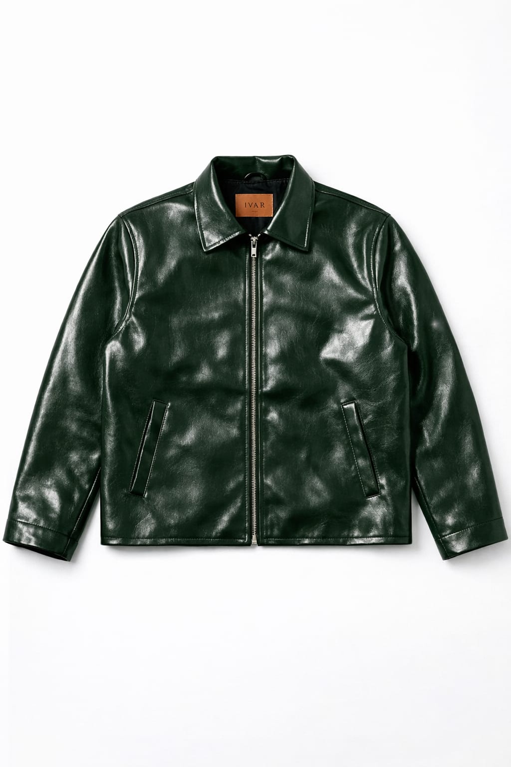 Close up of dark green full grain lambskin leather texture on men's Harrington jacket