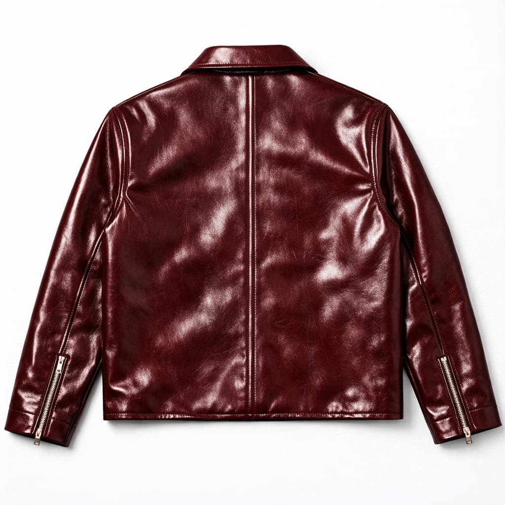 Men's burgundy leather Harrington jacket styled with tailored trousers, Wild Leathers