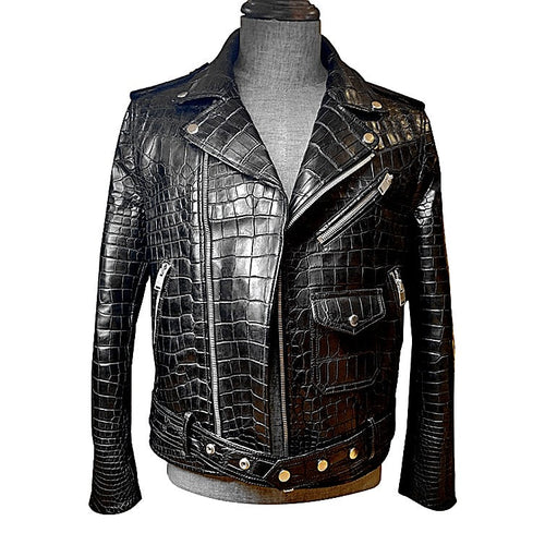 Men's Animal Handmade Alligator Embossed Leather Biker Jacket – Classic Double Rider – Made To Order styled open over an...