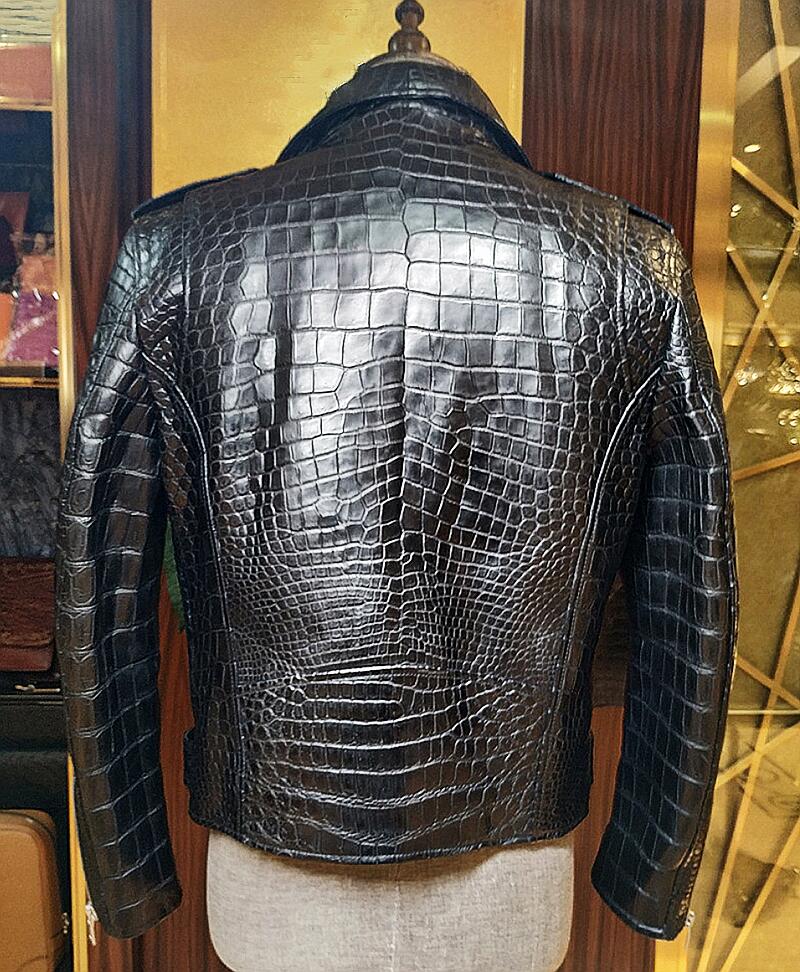 Close up of Leather texture on Wild Leathers Men's Animal Handmade Alligator Embossed Leather Biker Jacket – Classic...