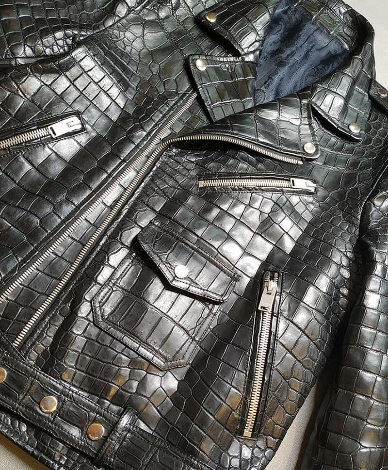Back view of Wild Leathers Men's Animal Leather Handmade Alligator Embossed Leather Biker Jacket – Classic Double...