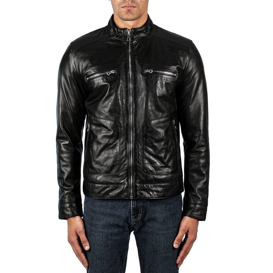 Man wearing a black leather café racer jacket, zipped up, front view