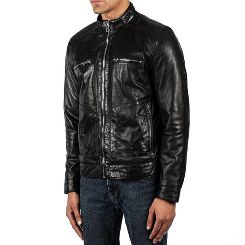 Black leather café racer jacket on a model, angled front view