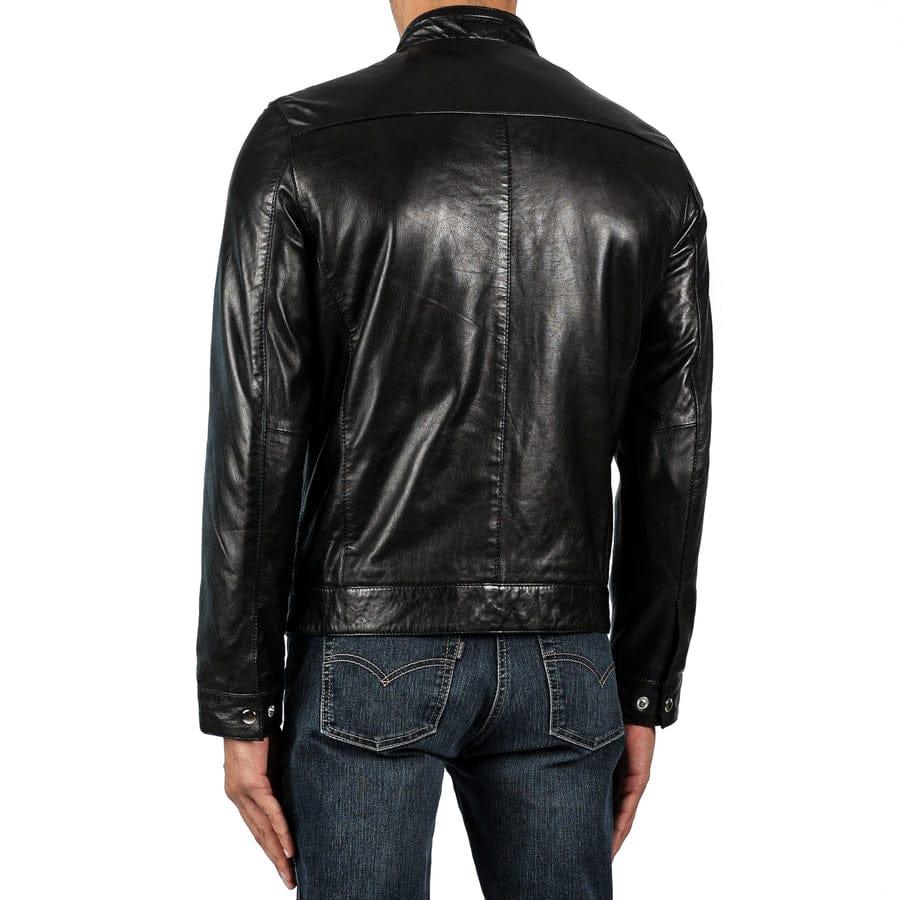 Back view of a men's black leather café racer jacket