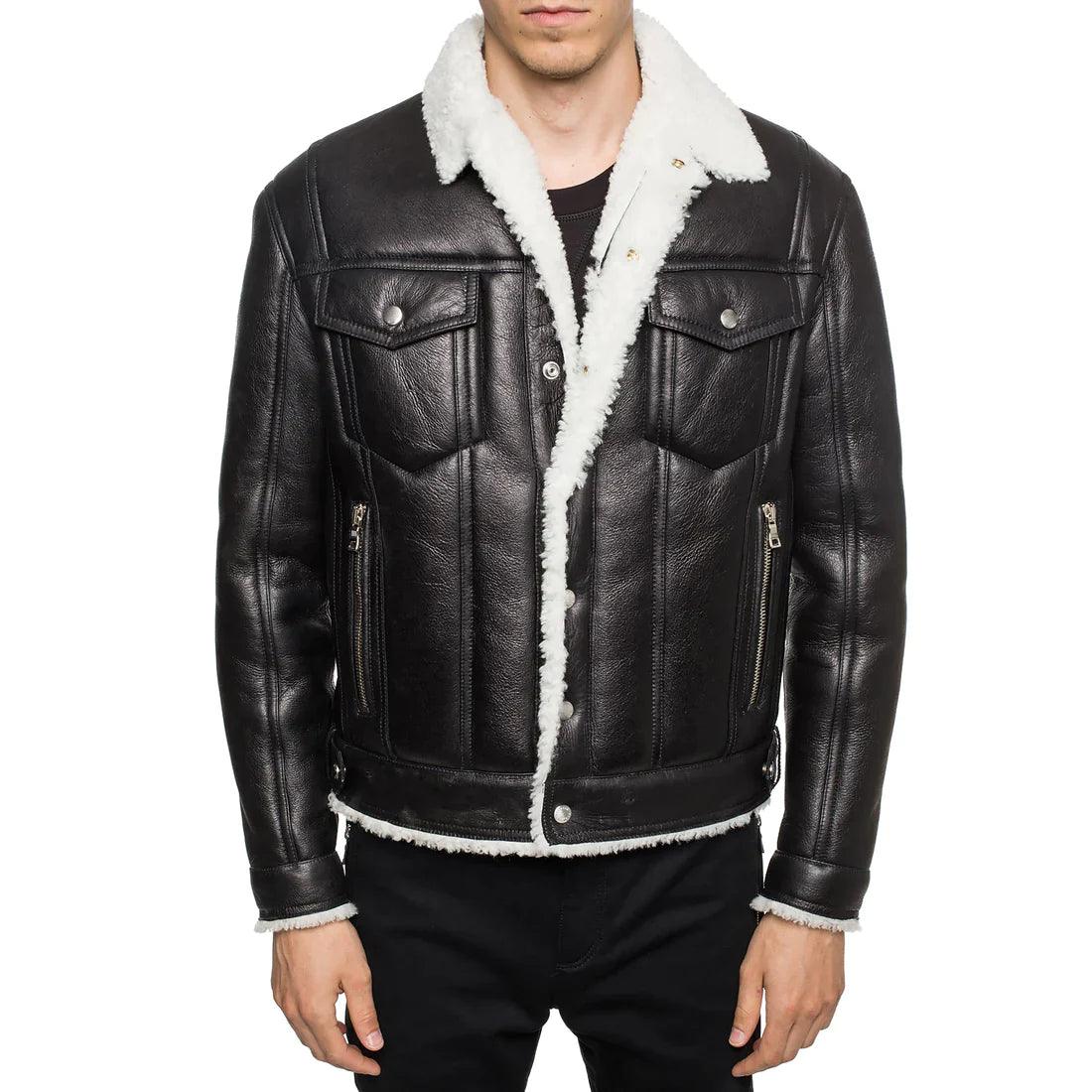 Men's Black Leather Jacket with Shearling Collar, front view