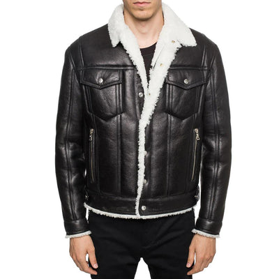 Men's Black Leather Jacket with Shearling Collar