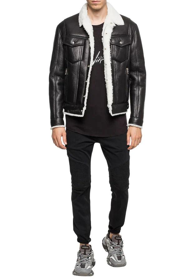 Men's Black Leather Jacket with Shearling Collar, styled