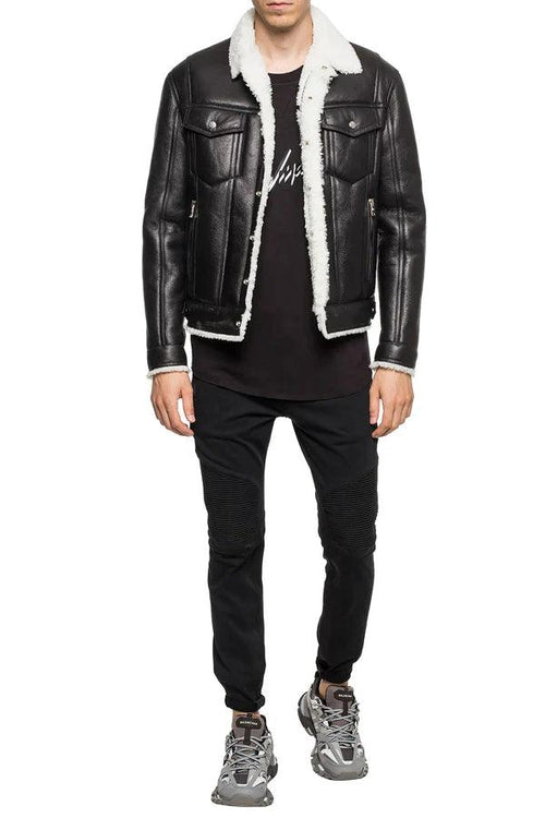 Men's Black Leather Jacket with Shearling Collar, styled