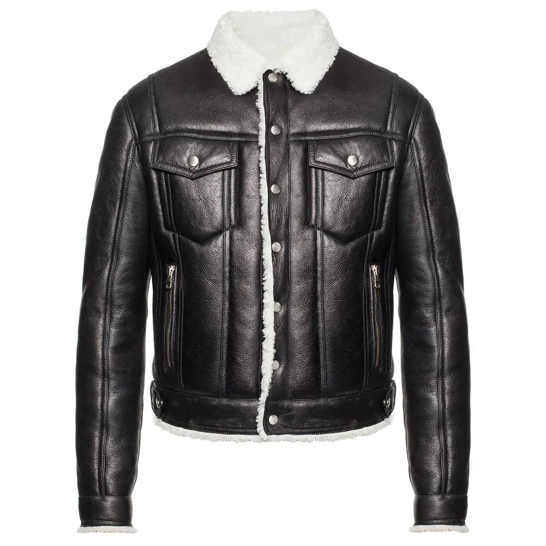 Men's Black Leather Jacket with Shearling Collar, leather detail