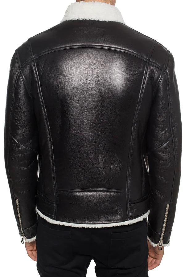 Men's Black Leather Jacket with Shearling Collar, back view