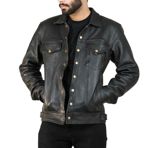 Black leather trucker jacket with gold-tone buttons, front view on a model