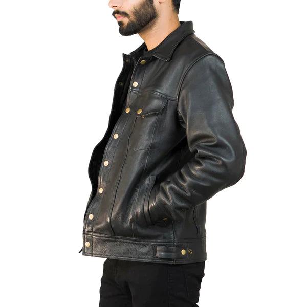 Side view of a men's black leather trucker jacket