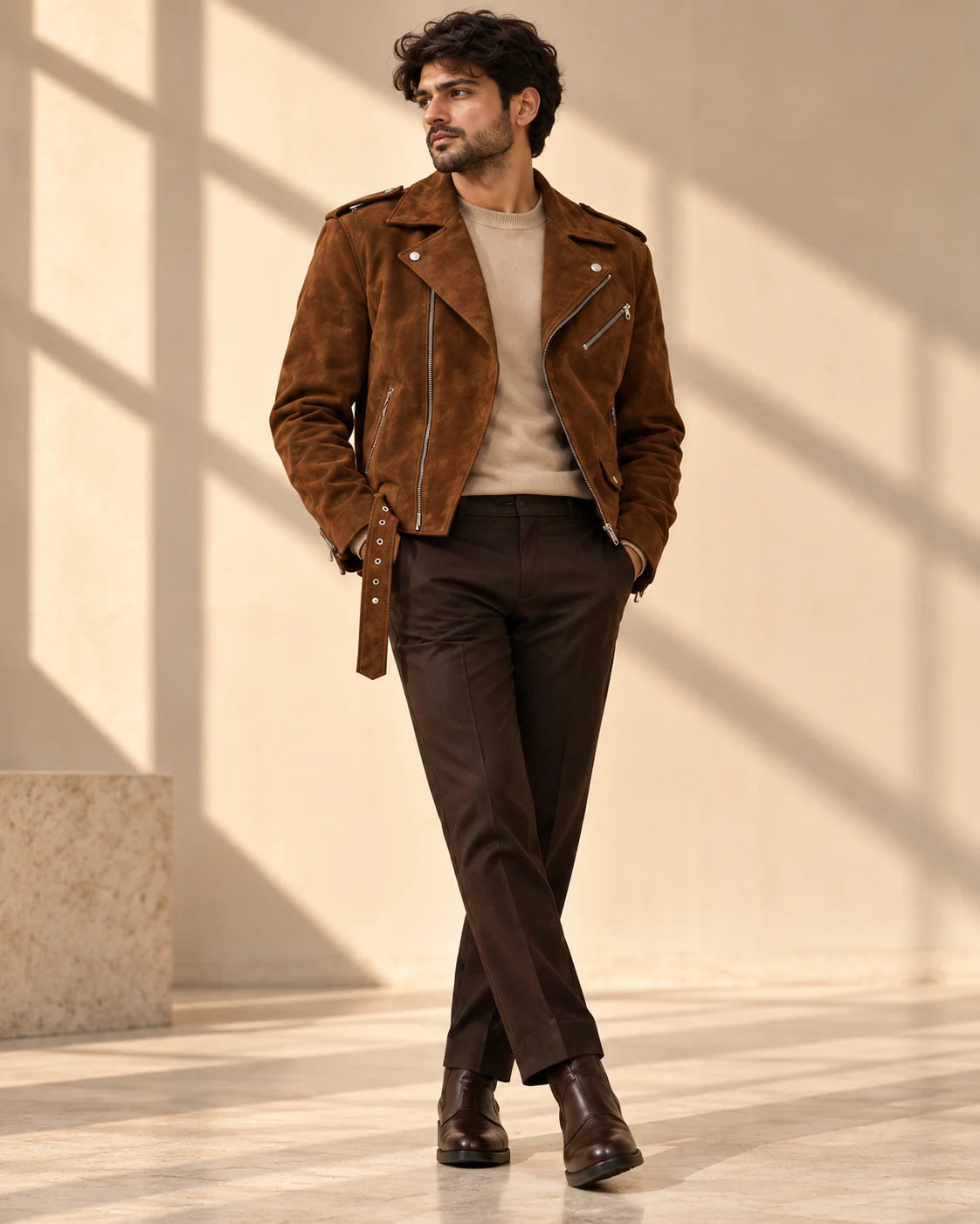 Men's Brown Suede Belted Biker Jacket