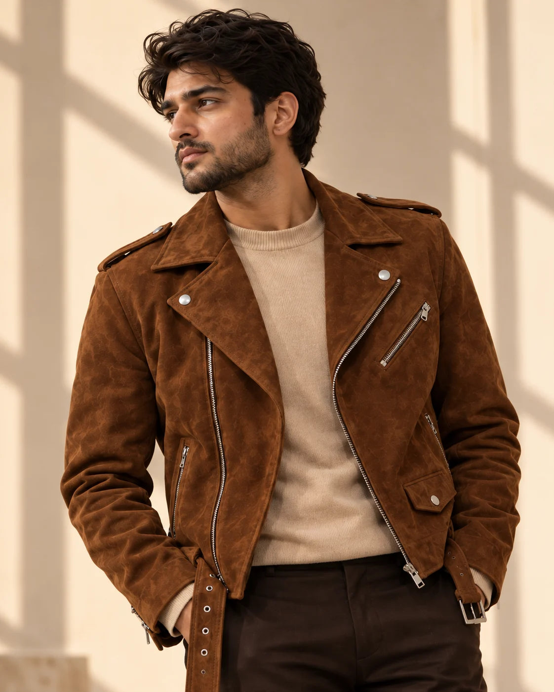 Men's Brown Suede Belted Biker Jacket, view 2