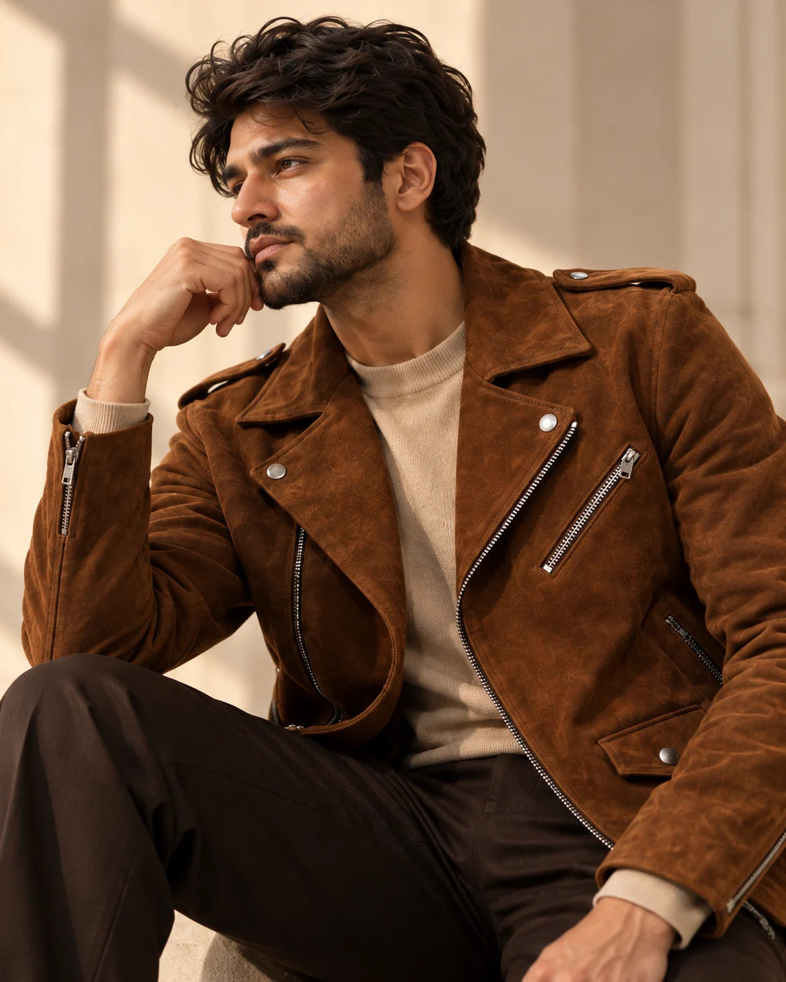 Men's Brown Suede Belted Biker Jacket, view 3