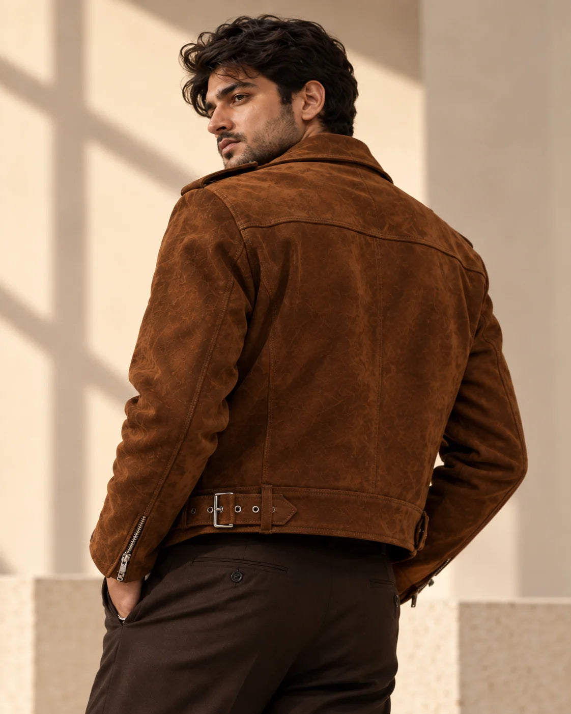 Men's Brown Suede Belted Biker Jacket, view 4