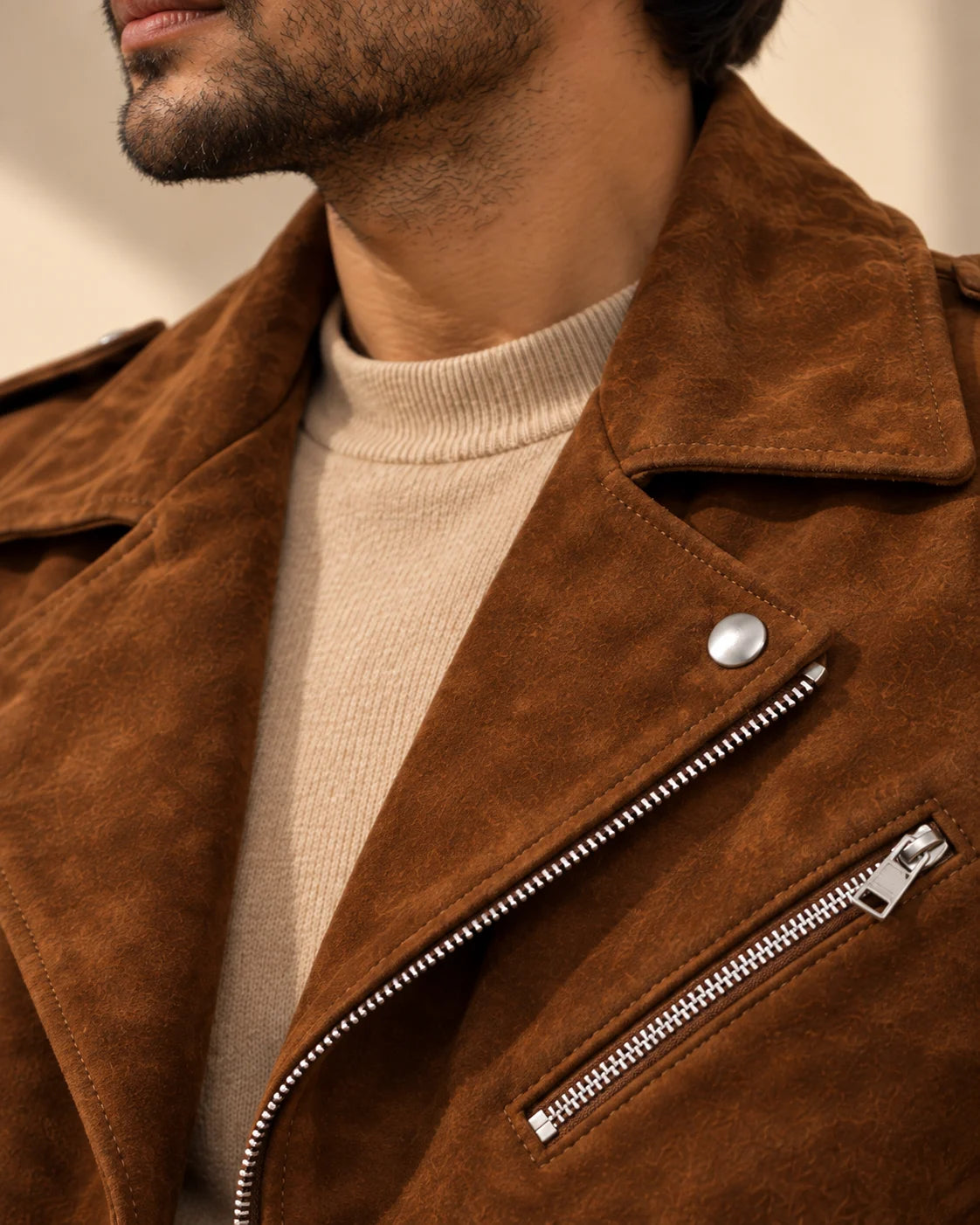 Men's Brown Suede Belted Biker Jacket, view 5