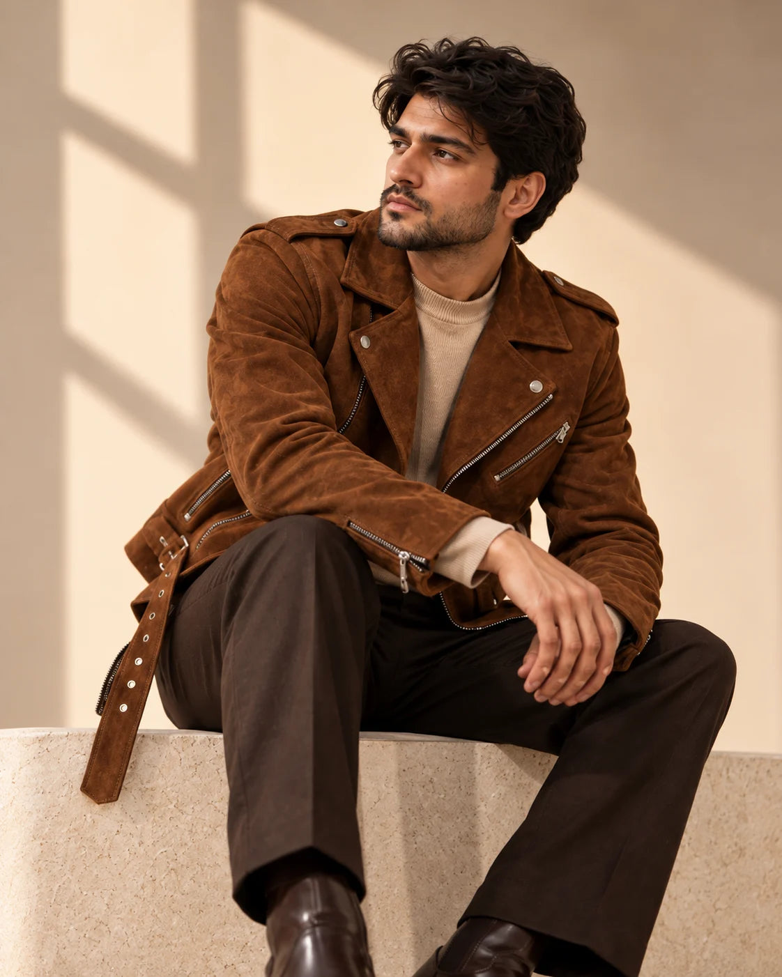 Men's Brown Suede Belted Biker Jacket, view 6