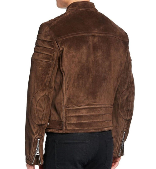 Back view of a men's dark brown suede biker jacket showing the quilted shoulder panels