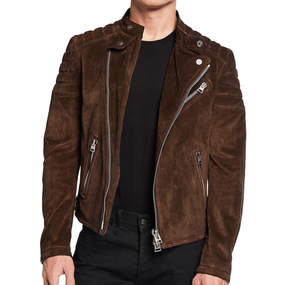 Men's dark brown suede biker jacket worn open over a black T-shirt