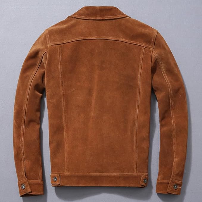 Men's Brown Suede Trucker Jacket, leather detail