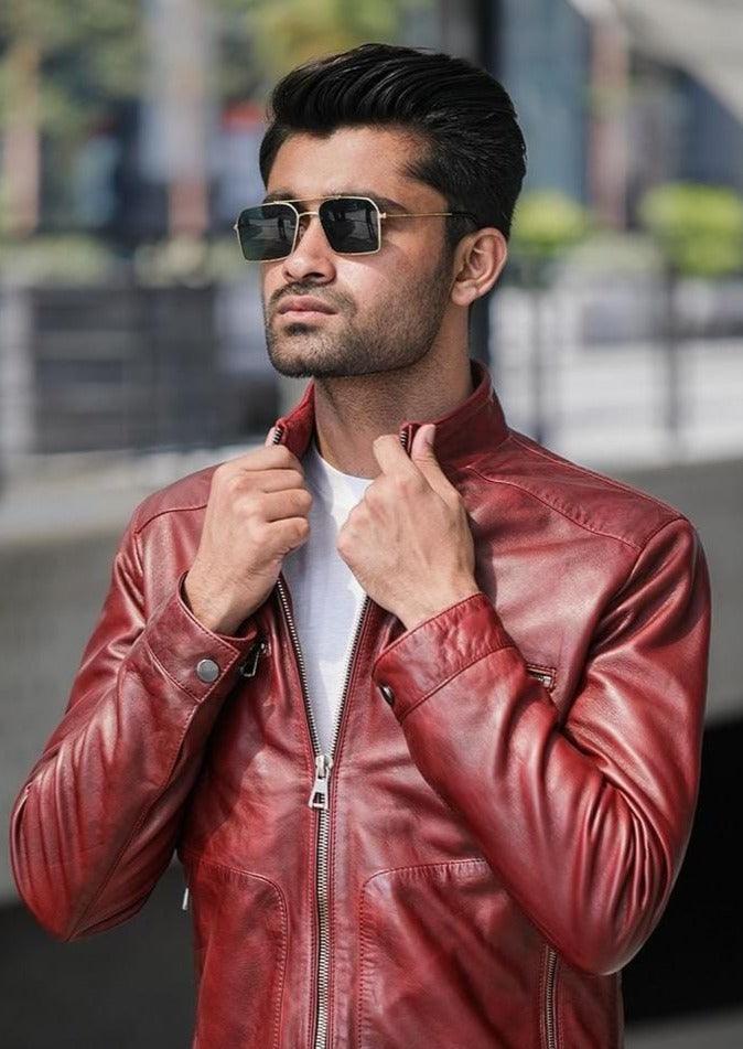 Men's Burgundy Leather Jacket, leather detail