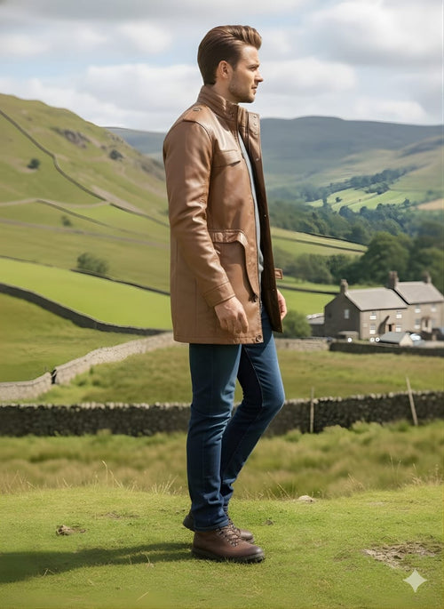 The Heritage: Men's Tan Calfskin Leather Jacket, styled