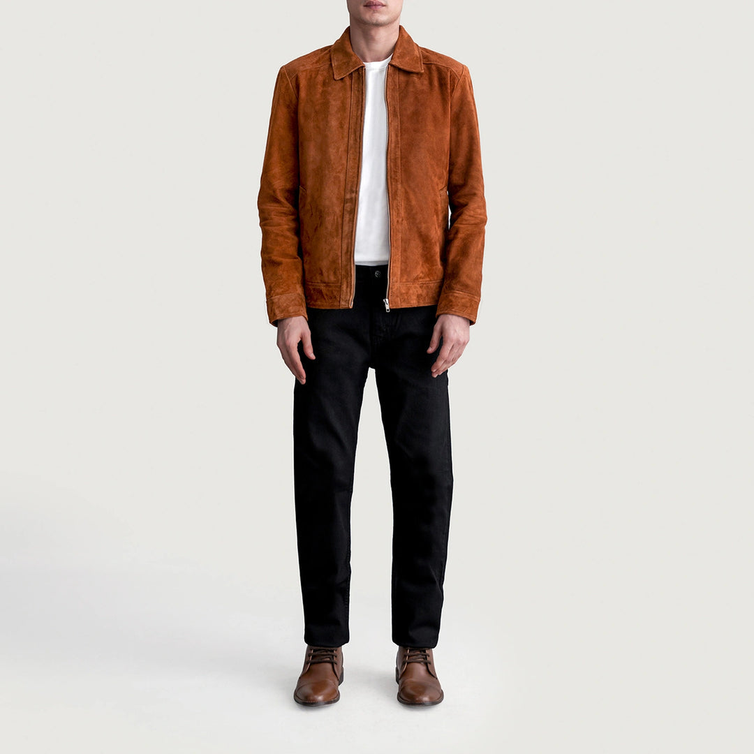 Leichte braune Wildlederjacke für Herren, Lederdetail
