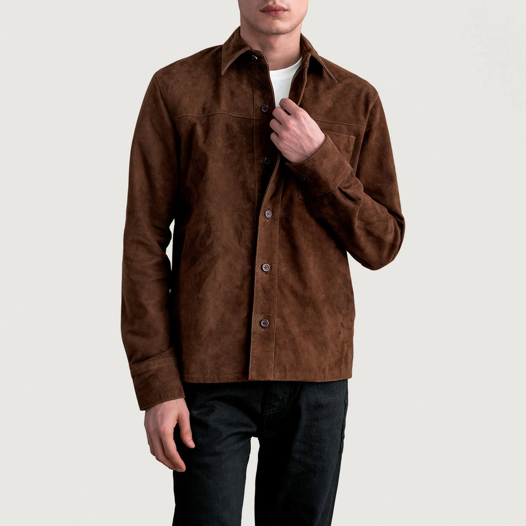 Men's Mocha Brown Suede Shirt Jacket, front view