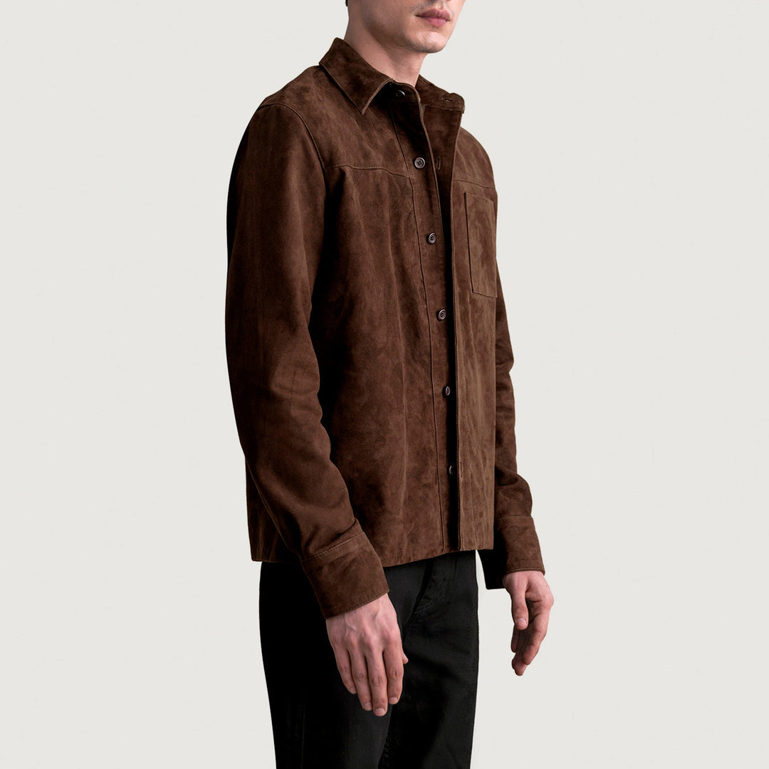 Mokkabraune Hemdjacke aus Wildleder für Herren, Lederdetail
