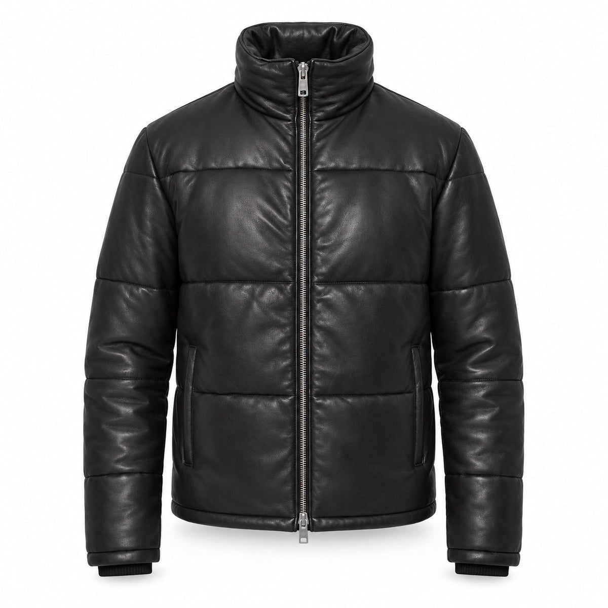 Men's Black Quilted Leather Puffer Jacket, front view