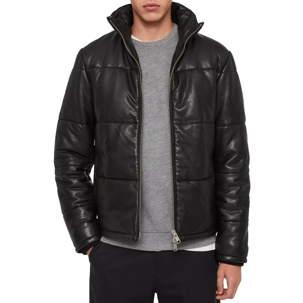Men's Black Quilted Leather Puffer Jacket, styled