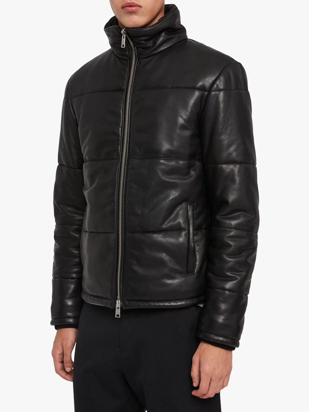 Men's Black Quilted Leather Puffer Jacket, leather detail