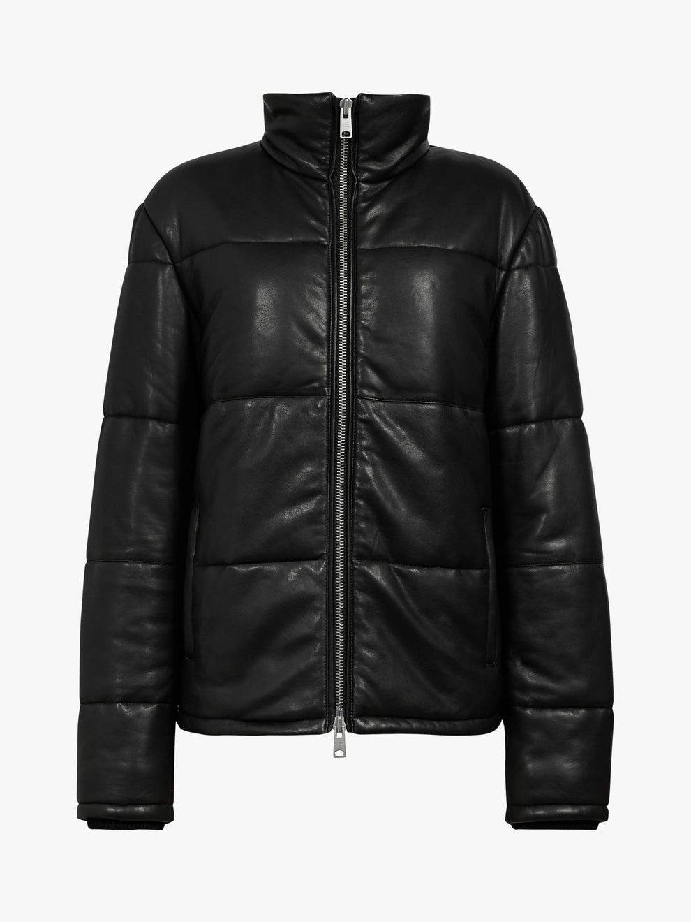 Men's Black Quilted Leather Puffer Jacket, back view