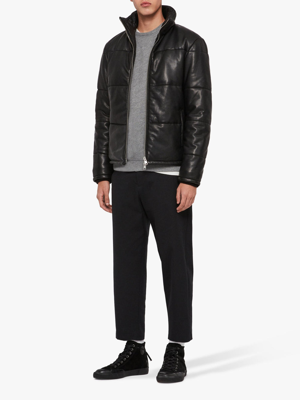Men's Black Quilted Leather Puffer Jacket, view 6
