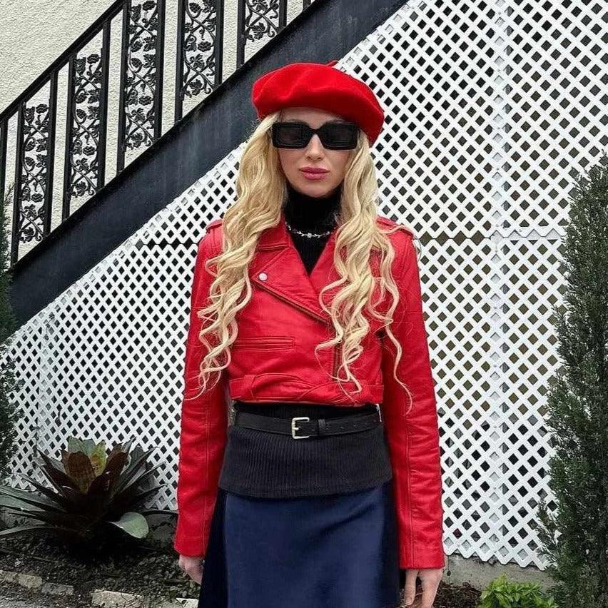Michelle: Kurze rote Damen-Lederjacke, Vorderansicht