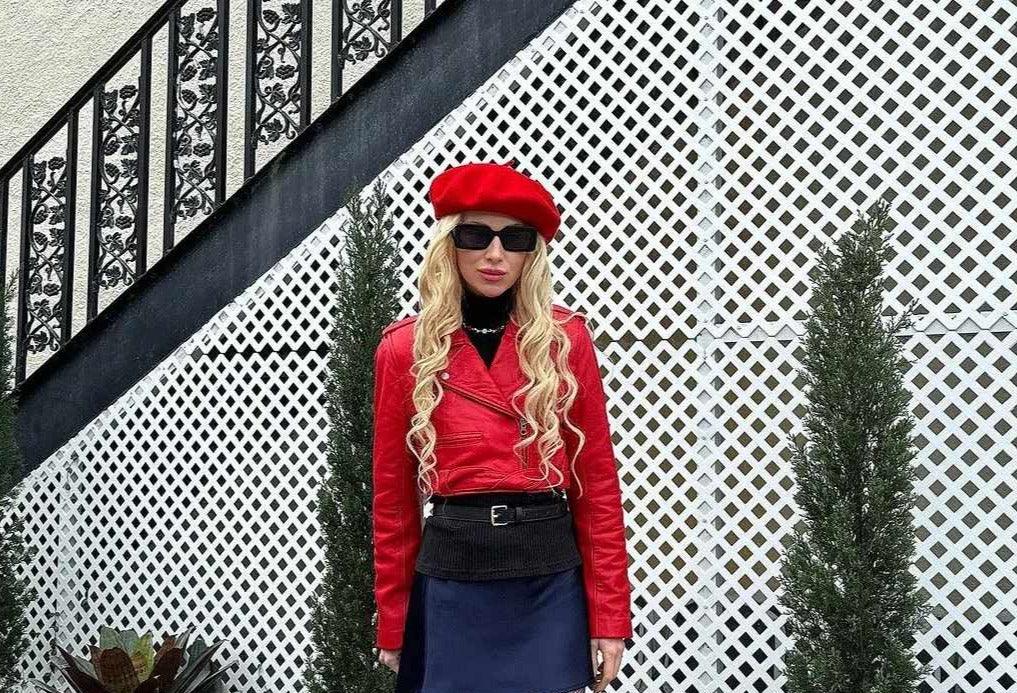 Michelle: Kurze rote Damen-Lederjacke, Lederdetail